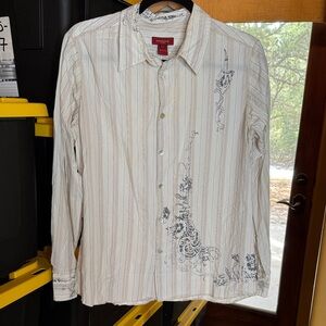 Sundance White Striped Shirt with Gray Floral Accents 100% Cotton Size Large